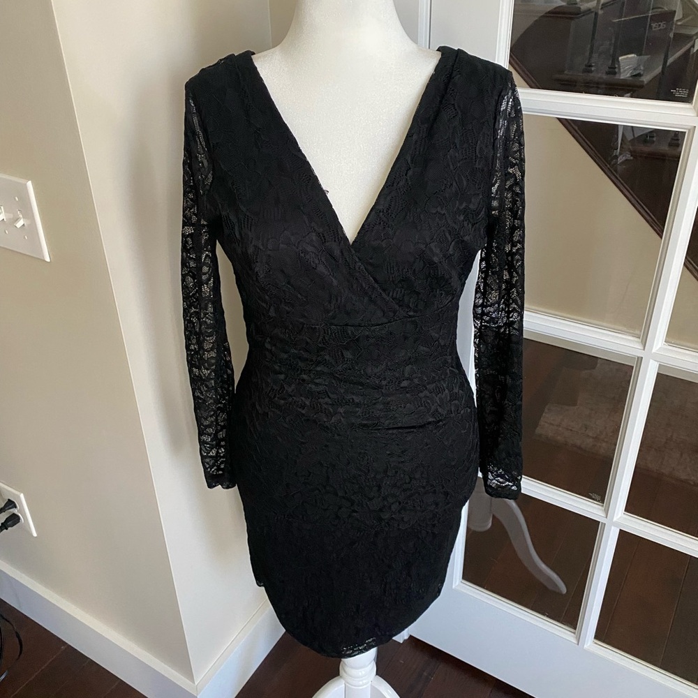 White House Black Market Black Ruched Long Sleeve Cocktail Dress NWT